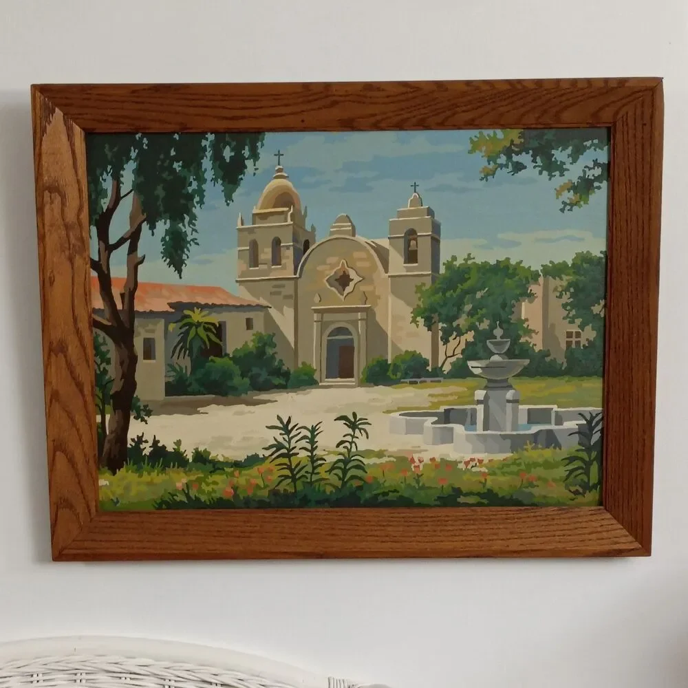 Large 27.5x21.5 Vintage Carmel Mission Basilica Painting in Wood Frame